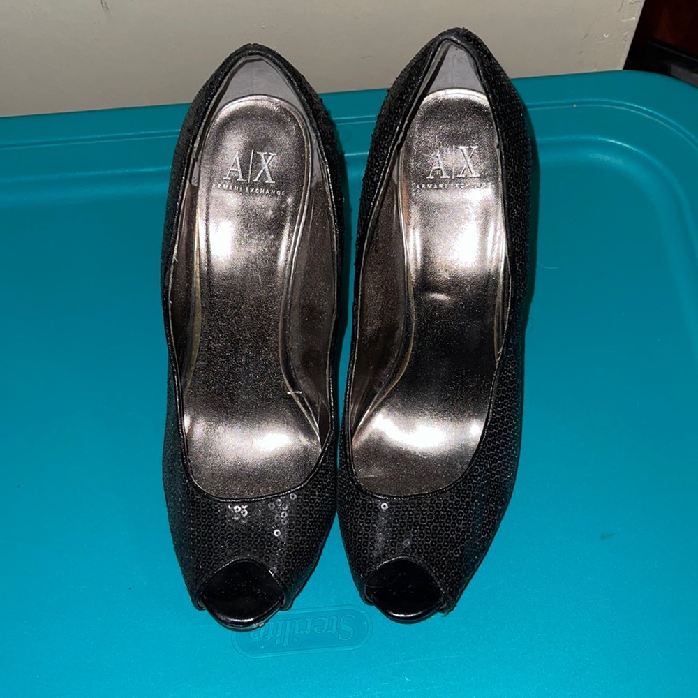 Open toed sequin pumps